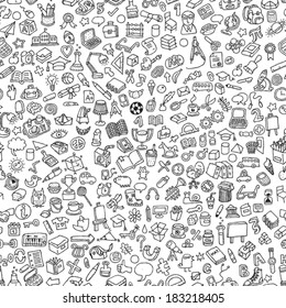 School seamless pattern in black and white (repeated) with mini doodle drawings (icons). Illustration is in eps8 vector mode.