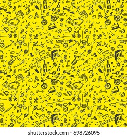 School seamless pattern in black and white (repeated) with mini doodle drawings. Illustration is in eps10 vector mode