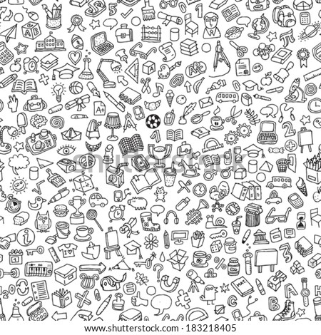 School seamless pattern in black and white (repeated) with mini doodle drawings (icons). Illustration is in eps8 vector mode.