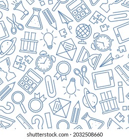 School seamless pattern, blue vector doodle stationery background. Education supplies texture. Hand drawn illustration