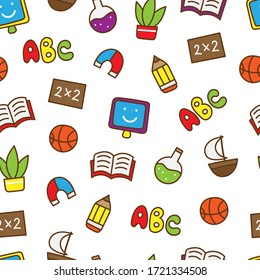 school seamless pattern, book, ball, pencil, computer, magnet, plant, ship, flask, abc, 2x2, color background