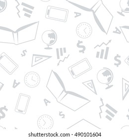 School seamless pattern with book, clock, ruler, globe, letter, tablet on white background. School background with different elements. Vector outline seamless pattern. Vector illustration in flat.