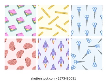 School seamless pattern with books, rulers, scissors, brains and rockets in flat style

