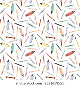 Patrón sin fisuras en la escuela con material de escritura de dibujos animados. Gráfico para papel pintado, scrapbooking, niños textiles. De vuelta al tema escolar. Aislado sobre fondo blanco.