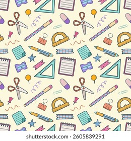 Padrão escolar sem emenda. Artigos de papelaria para crianças na escola. De volta à escola papelaria rabiscos ilustração vetorial.