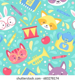 School seamless pattern for children with cute cartoon animals characters and school items. Vector texture for print on fabric, apparel, for web design.