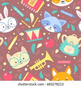 School seamless pattern for children with cute cartoon animals characters and school items. Vector texture for print on fabric, apparel, for web design.