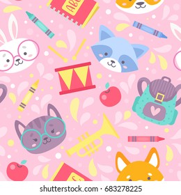 School seamless pattern for children with cute cartoon animals characters and school items. Vector texture for print on fabric, apparel, for web design.