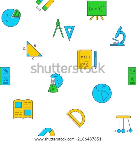 School seamless pattern in colored line style. Vector illustration.
