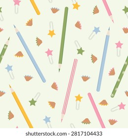 School Seamless Pattern with Colorful Pencils, Pencil Shavings, Star Paper Clips and Cute Stationery Vector Background