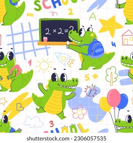 A school seamless pattern with a cute crocodile character student. Vector elementary school illustration background.