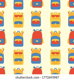 Patrón sin fisuras en la escuela. Paquetes de garras. Ilustración vectorial divertida de color. Fondo para material escolar, tela y otras superficies