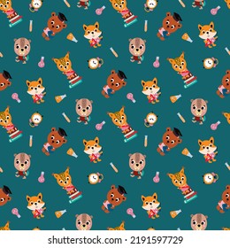 School seamless pattern with cute little animals. Design for fabric, textile, wallpaper, packaging.