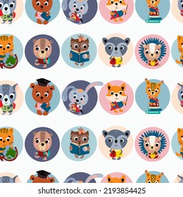 School seamless pattern with cute little animals. Design for fabric, textile, wallpaper, packaging.	