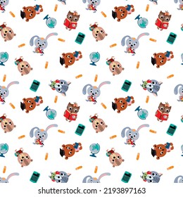 School seamless pattern with cute little animals. Design for fabric, textile, wallpaper, packaging.	