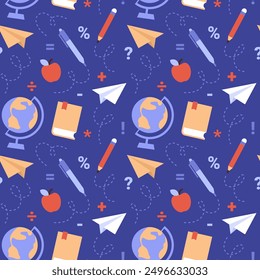 School seamless pattern design. Colorful flat illustration of education elements. Stationery supplies on dark blue background.