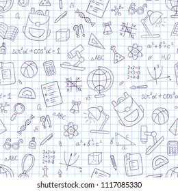 School seamless pattern in doodle and cartoon style. Notebook in a cage. Vector. EPS 10