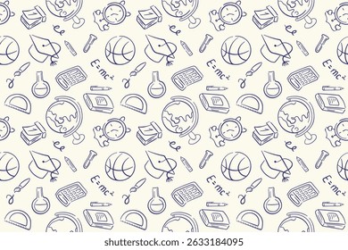 School seamless pattern in doodle style on a beige background. Back to school design supplies notebook, globe, calculator, calendar, basketball ball, alarm.