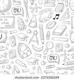 school seamless pattern with doodles, hand drawn clip art,  cartoon elements for packaging, wallpaper, scrapbooking, stationary, wrapping paper, etc. EPS 10