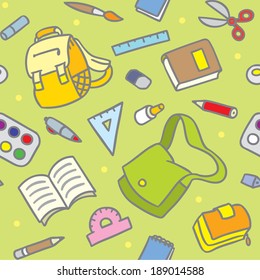School seamless pattern of education equipment: bag, book, copybook, diary, ruler, pen, pencil, pencil box, glue, eraser.