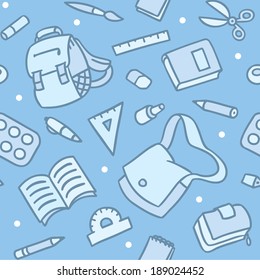 School seamless pattern of education equipment: bag, book, copybook, diary, ruler, pen, pencil, pencil box, glue, eraser.