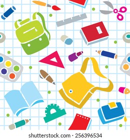 School seamless pattern of education equipment, bag and book, copybook and diary and ruler, pen and pencil, pencil box and glue and eraser.