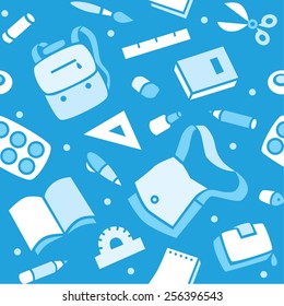 School seamless pattern of education equipment, bag and book, copybook and diary and ruler, pen and pencil, pencil box and glue and eraser.
