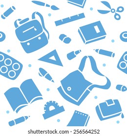 School seamless pattern of education equipment, bag and book, copybook and diary and ruler, pen and pencil, pencil box and glue and eraser.
