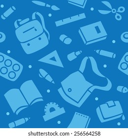 School seamless pattern of education equipment, bag and book, copybook and diary and ruler, pen and pencil, pencil box and glue and eraser.