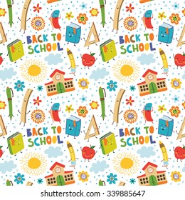 School seamless pattern of education equipment: pencils, pens, books, rulers, erasers.