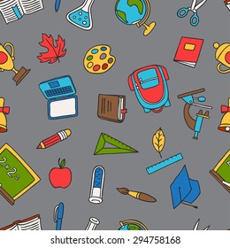 School seamless pattern with education hand drawn doodles.