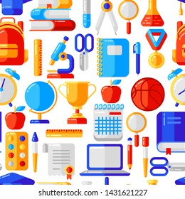 School seamless pattern with education icons and symbols. Illustration in trendy flat style.
