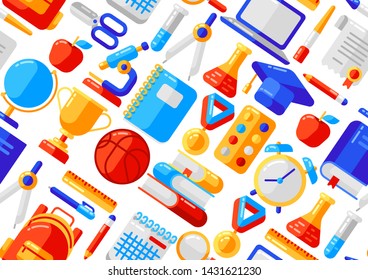 School seamless pattern with education icons and symbols. Illustration in trendy flat style.