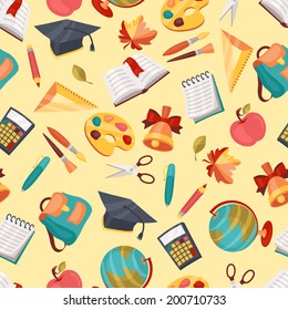 School seamless pattern with education icons and symbols.