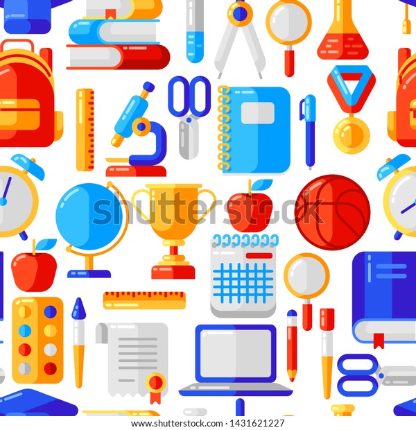 School seamless pattern with education\
icons and symbols. Illustration in trendy flat\
style.