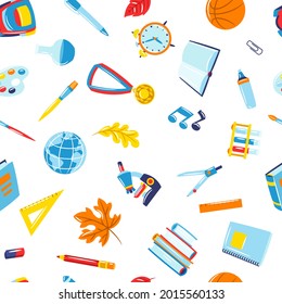 School seamless pattern with education items. Supplies and stationery background.