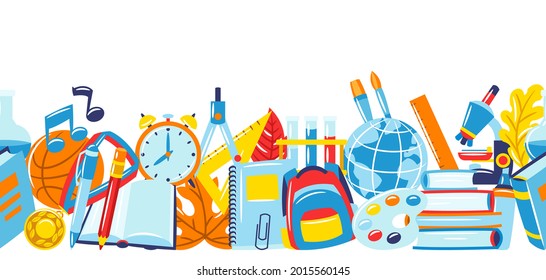 School seamless pattern with education items. Supplies and stationery background.