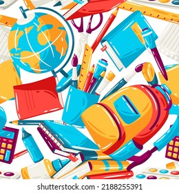 School seamless pattern with education items. Illustration of supplies and stationery background.