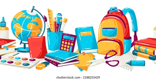 School seamless pattern with education items. Illustration of supplies and stationery background.