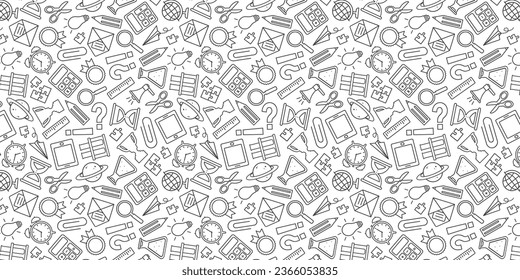 School seamless pattern, education supplies background, line office stationery. Study elementary bg. Vector illustration