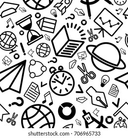 School seamless pattern with education supplies. Textures, backgrounds and templates for promotional materials and fabrics. Cartoon flat vector illustration. Objects isolated on a white background.