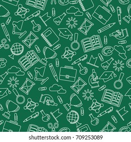 School seamless pattern with education supplies. Textures, backgrounds and templates for promotional materials and fabrics. Cartoon flat vector illustration. Objects isolated on a white background.