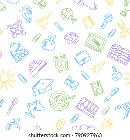 School seamless pattern with education supplies. Textures, backgrounds and templates for promotional materials and fabrics. Cartoon flat vector illustration. Objects isolated on a white background.