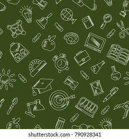 School seamless pattern with education supplies. Textures, backgrounds and templates for promotional materials and fabrics. Cartoon flat vector illustration. Objects isolated on a white background.