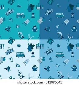 School Seamless Pattern. Four Background in Different Colors. Vector. Flat design style