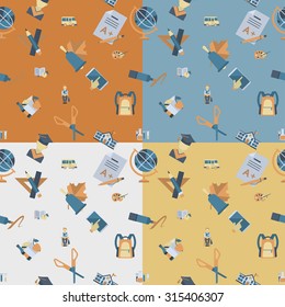 School Seamless Pattern. Four Background in Different Colors. Vector. Flat design style