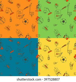 School Seamless Pattern. Four Background in Different Colors. Vector. Flat design style