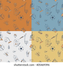 School Seamless Pattern. Four Background in Different Colors. Vector. Flat design style