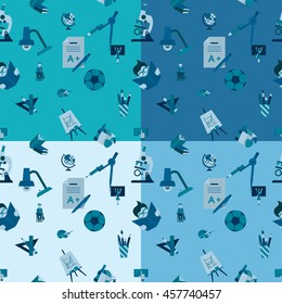 School Seamless Pattern. Four Background in Different Colors. Vector. Flat design style