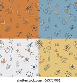 School Seamless Pattern. Four Background in Different Colors. Vector. Flat design style